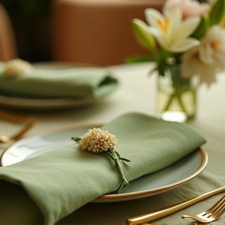 卓上のフラワーアレンジメントとカトラリー