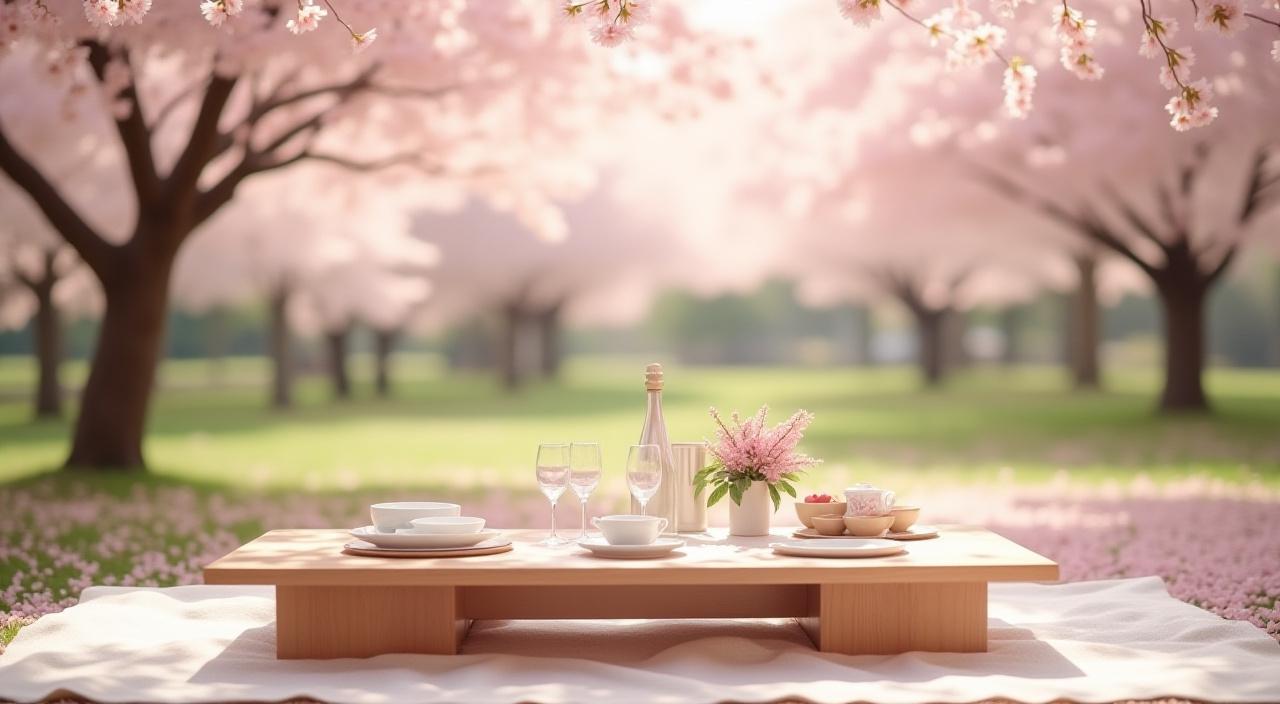 代々木公園の美しい桜の下でのモダンな花見の準備