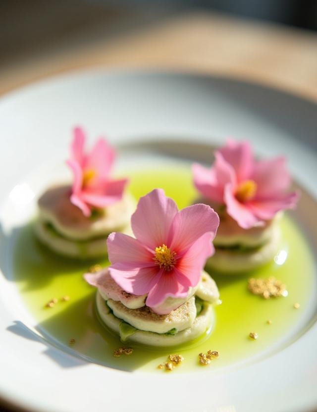 季節のエディブルフラワーを添えた美しい創作料理